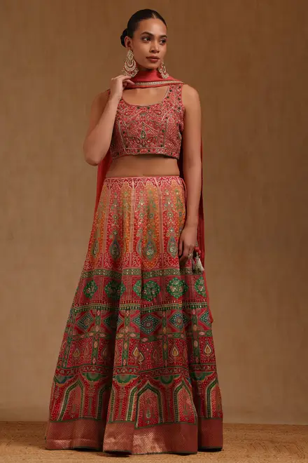 Peach Silk Blend Floral Lehenga With Cutdana And Sequins
